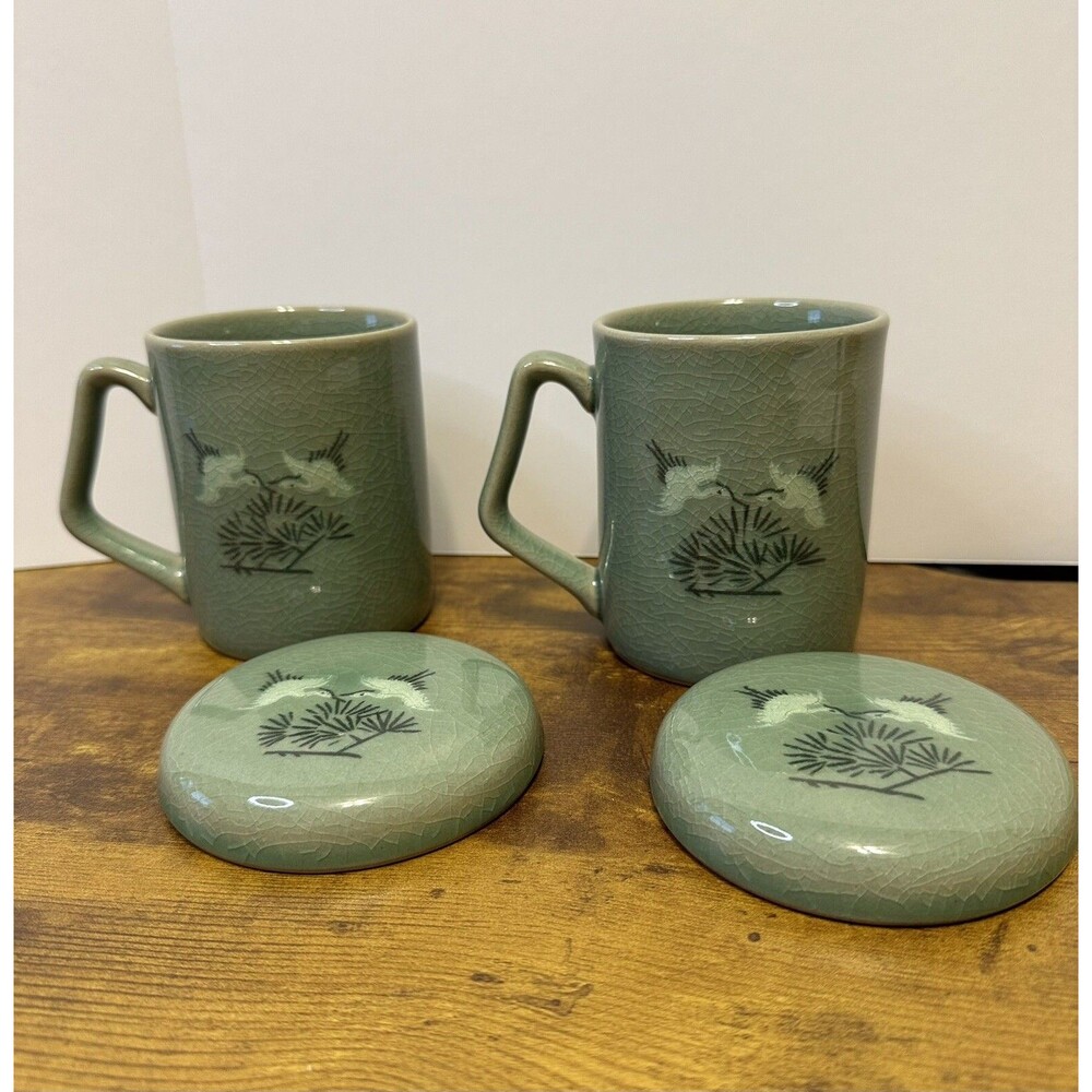 Korean Celadon Teacups Green Crackle Glaze Flying Cranes with Lids Set of 2 VTG